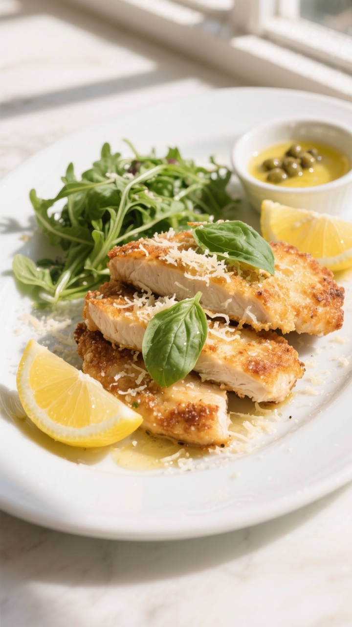 Final plated overhead: Overhead shot of beautifully plated Parmesan-basil chicken cutlets on a white