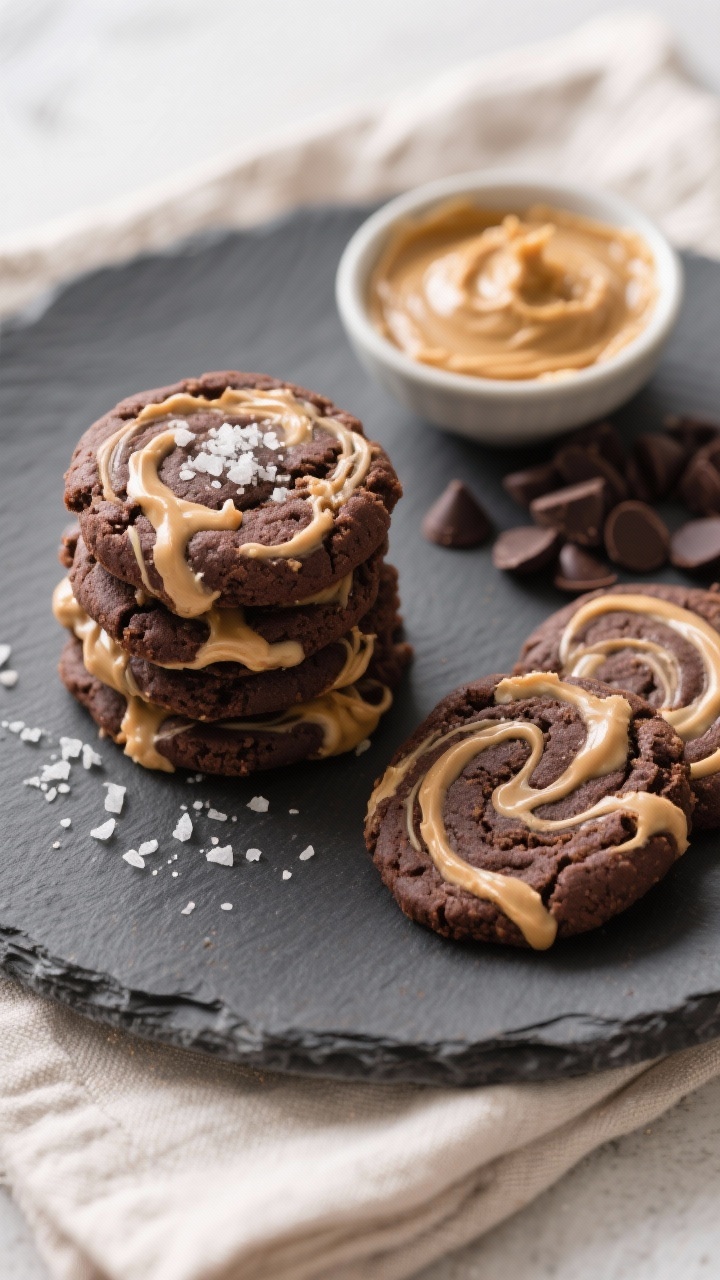 Overhead final presentation: A slate plate arranged with a neat stack of Peanut Butter Brownie Cooki