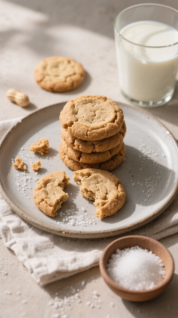 Overhead final presentation of a plate of soft peanut butter cookies arranged in a casual stack and 
