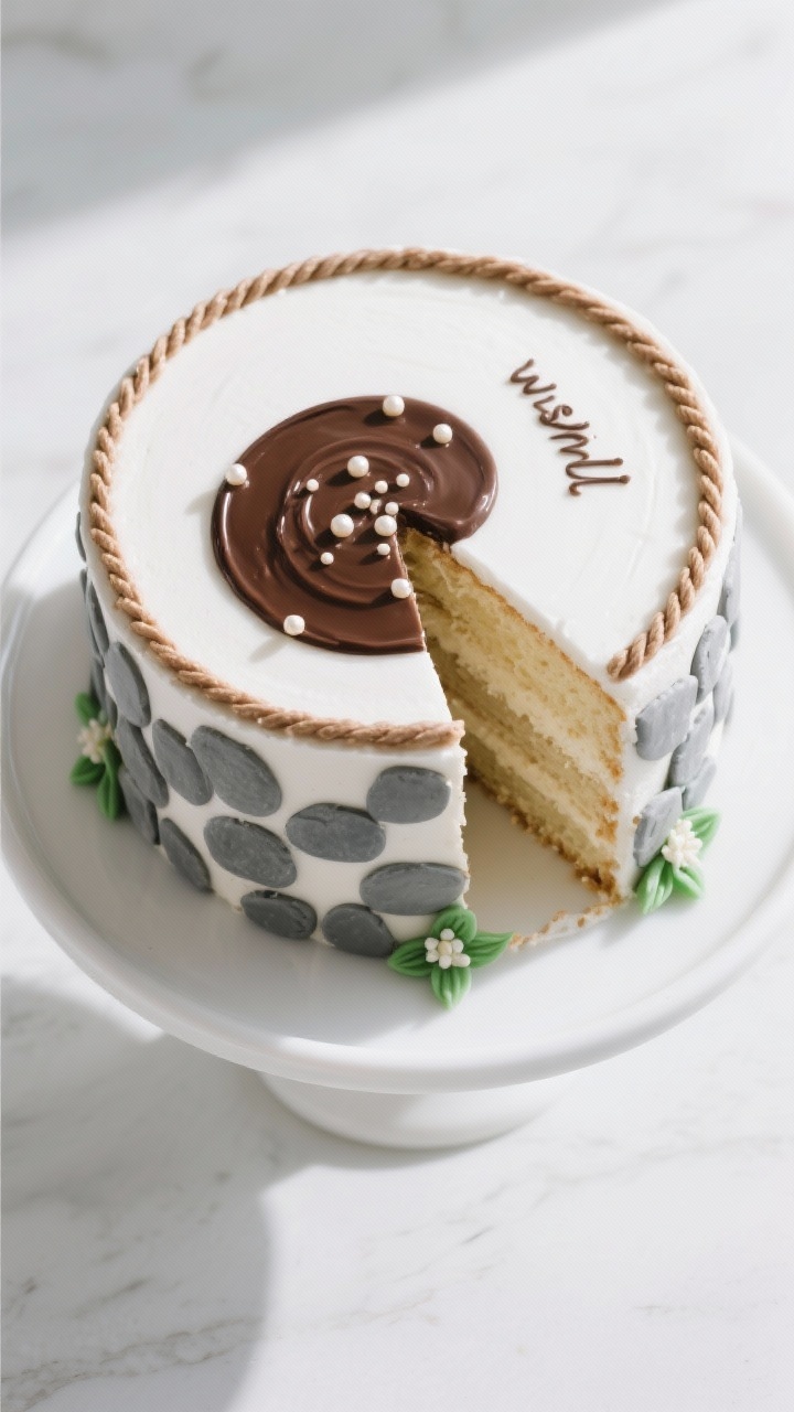 Overhead final presentation shot of a sliced Wishing Well Cake on a simple white cake stand: showcas