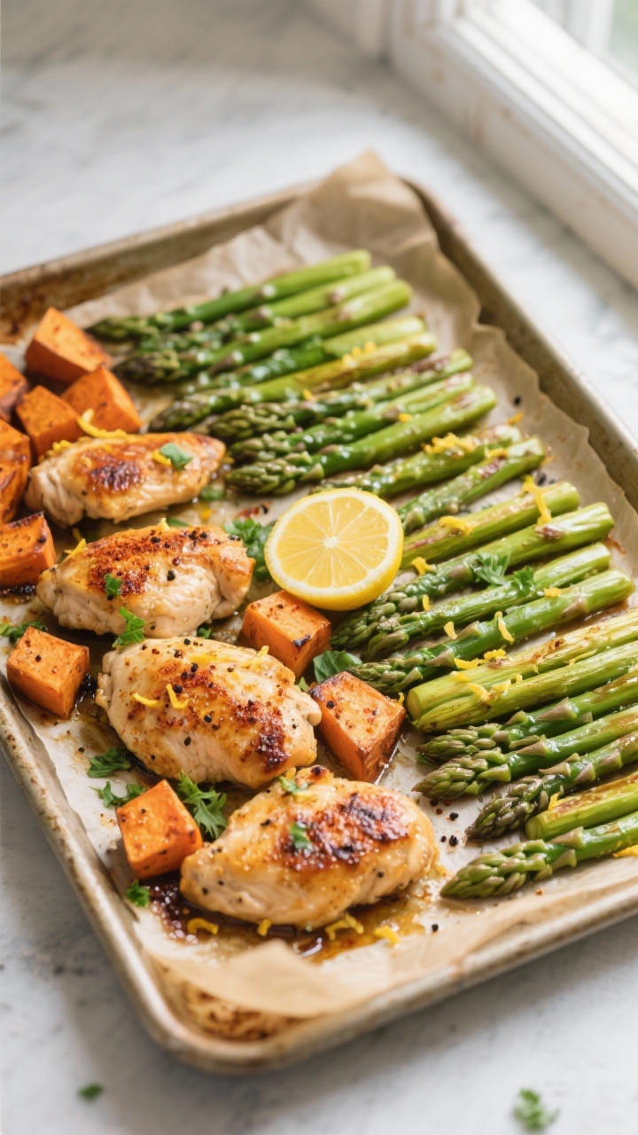 Overhead shot of the finished one-pan Healthy Sweet Potato, Chicken, & Asparagus Dinner straight fro