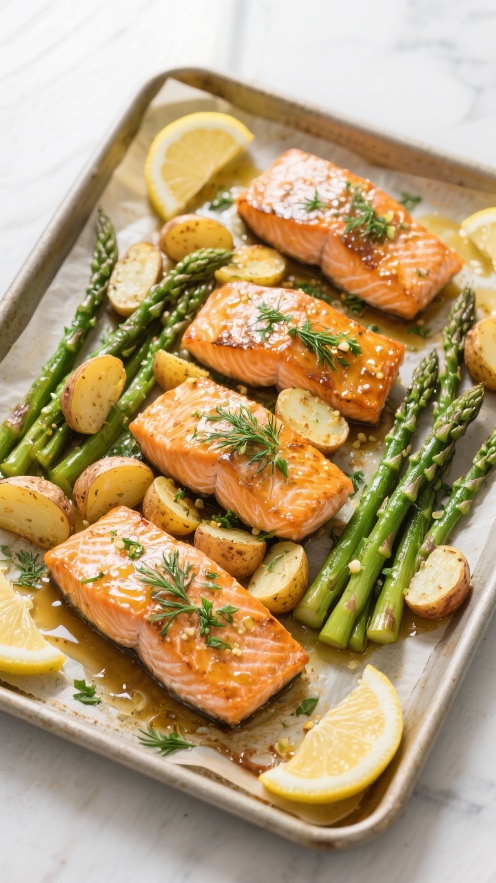 Overhead shot of the finished sheet-pan dinner straight from the oven: golden, crisp-edged baby pota