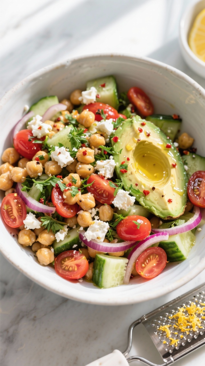 Overhead shot of the prepared Chickpea Feta Avocado Salad just after dressing, before the avocado is