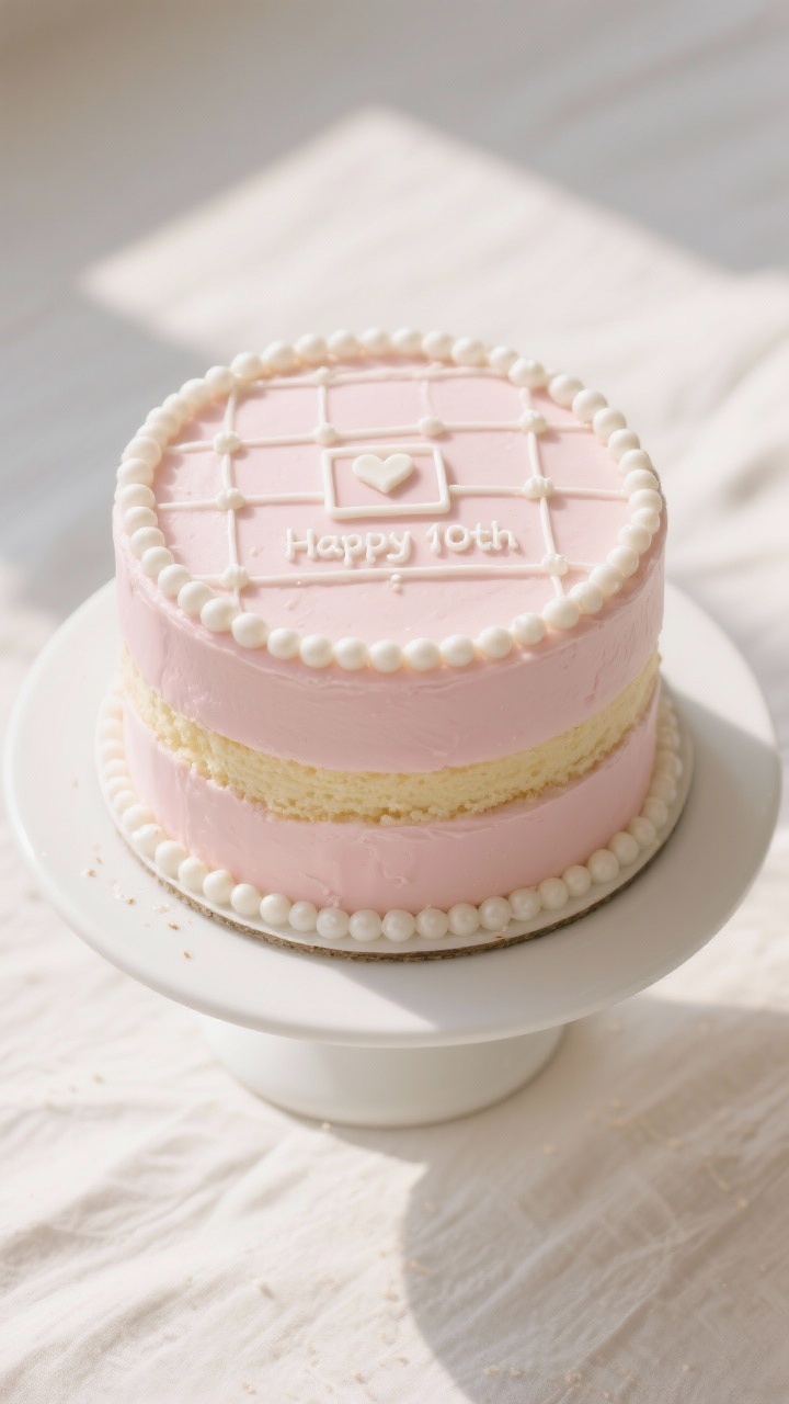 Tasty top view final presentation: Overhead shot of the finished Pink Calendar Cake—two-layer vani